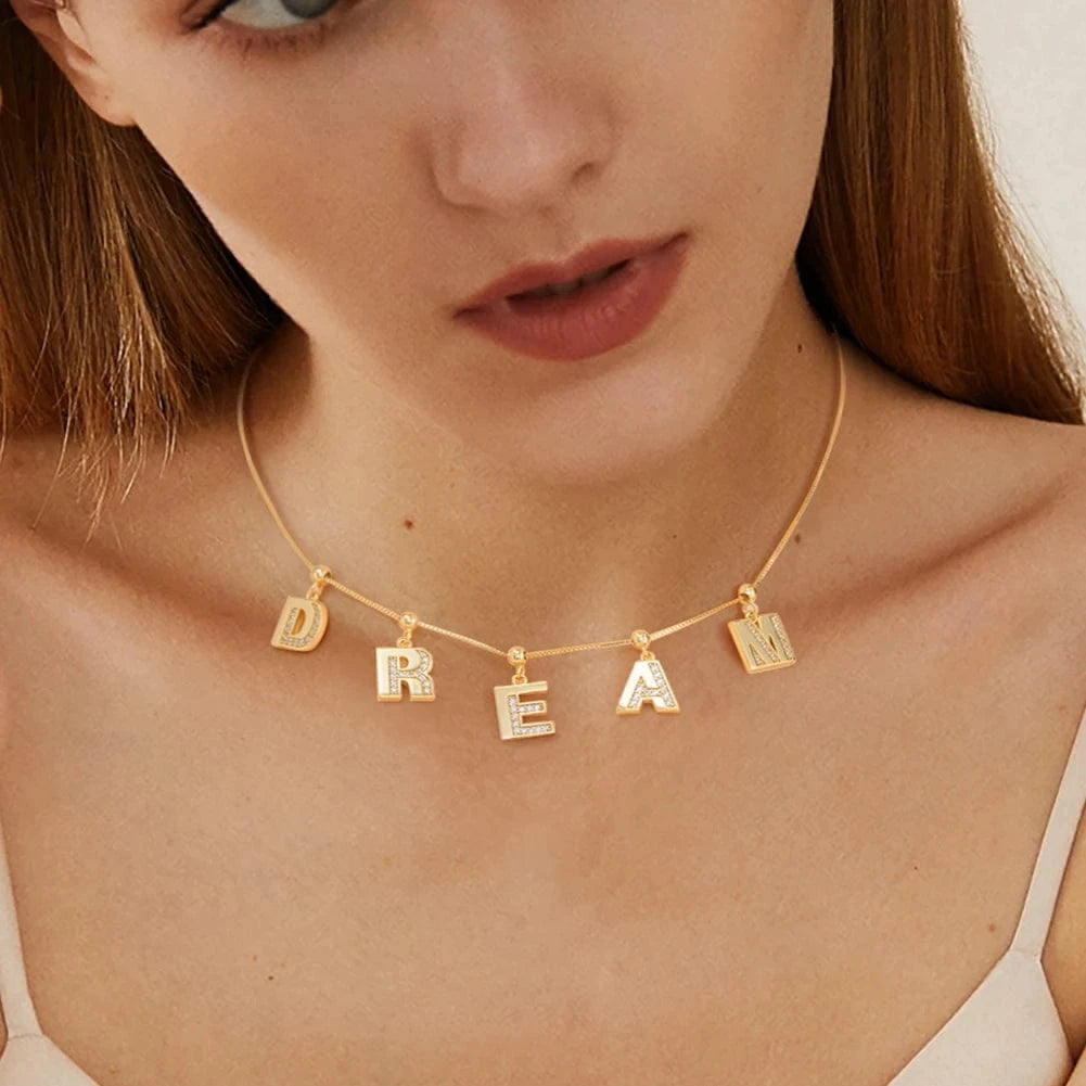 RINNTIN ZK New Arrival Customized Gold Plated S925 Silver Chain With Zircon Heart Charms Personalized Alphabet Letter Necklace