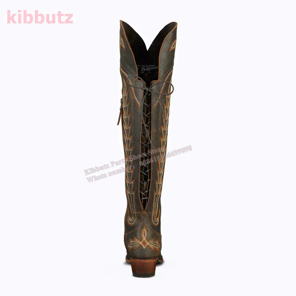 Rivet Cowboy Vintage Boots Over The Knee High Embroidery Lace-Up Luxury Leather Pointed Toe Chunky Heels Fashion Concise Shoes