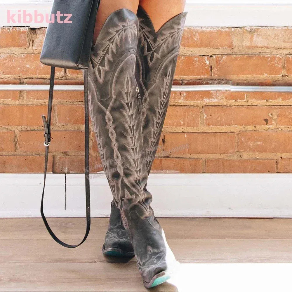 Rivet Cowboy Vintage Boots Over The Knee High Embroidery Lace-Up Luxury Leather Pointed Toe Chunky Heels Fashion Concise Shoes