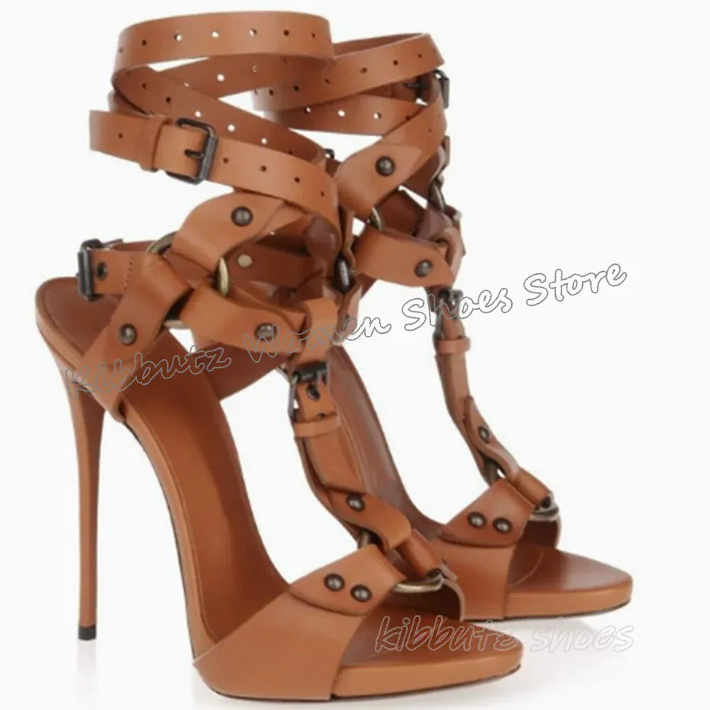 Rivets Belt Buckle Sandals Leather Solid Color Fashion Luxury Concise Sexy Women Shoes Round Toe Thin Heels Outdoor Summer New