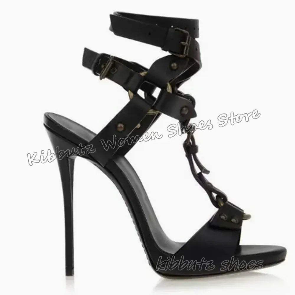 Rivets Belt Buckle Sandals Leather Solid Color Fashion Luxury Concise Sexy Women Shoes Round Toe Thin Heels Outdoor Summer New