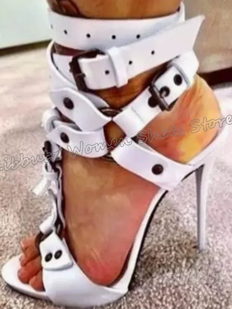 Rivets Belt Buckle Sandals Leather Solid Color Fashion Luxury Concise Sexy Women Shoes Round Toe Thin Heels Outdoor Summer New