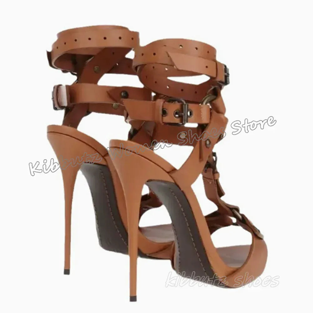 Rivets Belt Buckle Sandals Leather Solid Color Fashion Luxury Concise Sexy Women Shoes Round Toe Thin Heels Outdoor Summer New