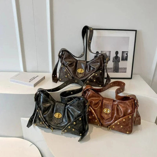 Rivets Design Retro Shoulder Bags for Women 2024 PU Leather Vintage Ladies Handbags Female Crossbody Bags