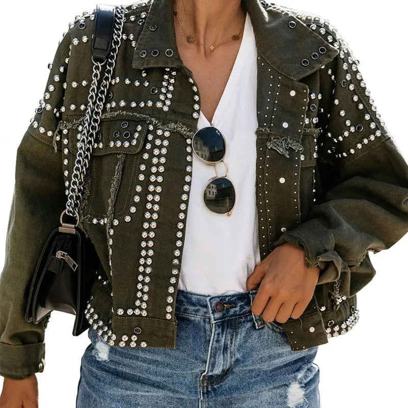 RNSHANGER Autumn Long Sleeve Coat Women Denim Rivet Solid Jacke Fashion Style Short Loose Comfortable OutCoat Jacket