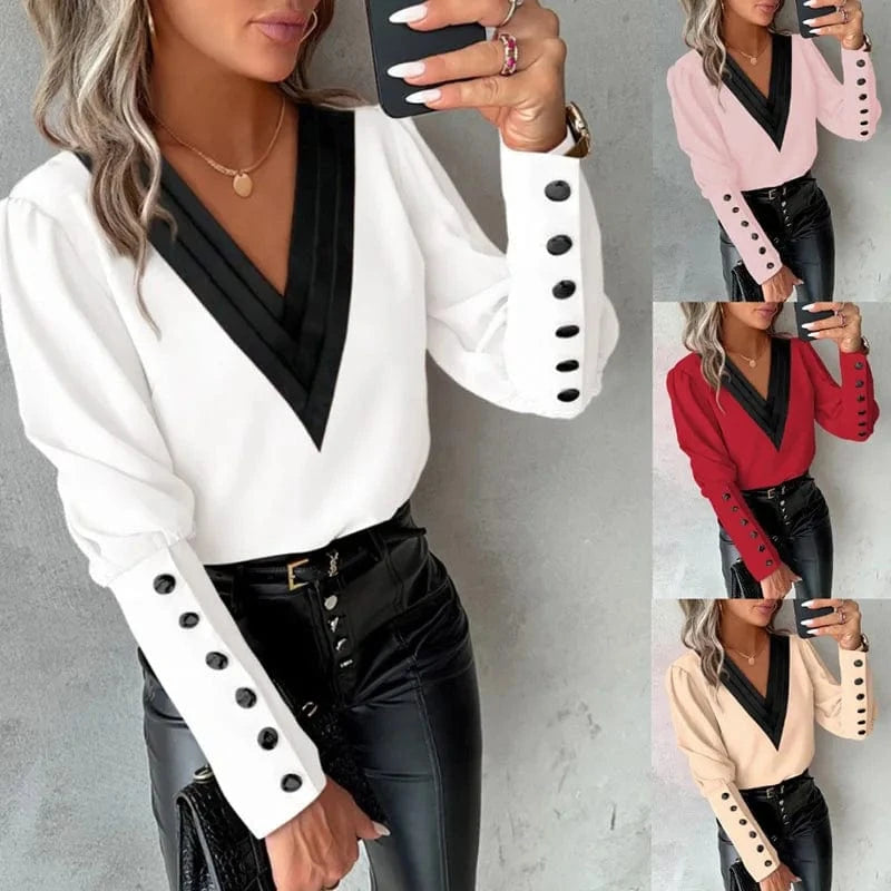 RNSHANGER Fashion White Blouse for Women Spring Long Sleeve V Neck Casual Pullover Elegant Office Lady Pink Tops Shirts