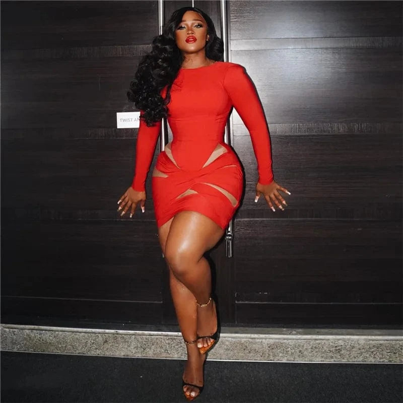 RNSHANGER Hipster Mesh Patchwork Dress Women Trend o-Neck Long Sleeve Solid Elastic Party Birthday Festival Mini Bodycon Dress