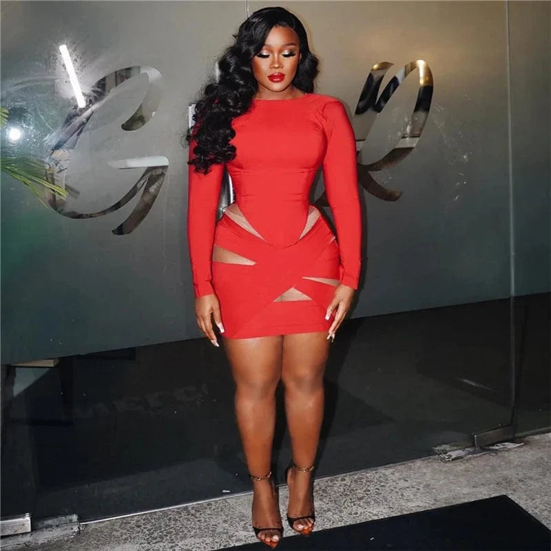 RNSHANGER Hipster Mesh Patchwork Dress Women Trend o-Neck Long Sleeve Solid Elastic Party Birthday Festival Mini Bodycon Dress