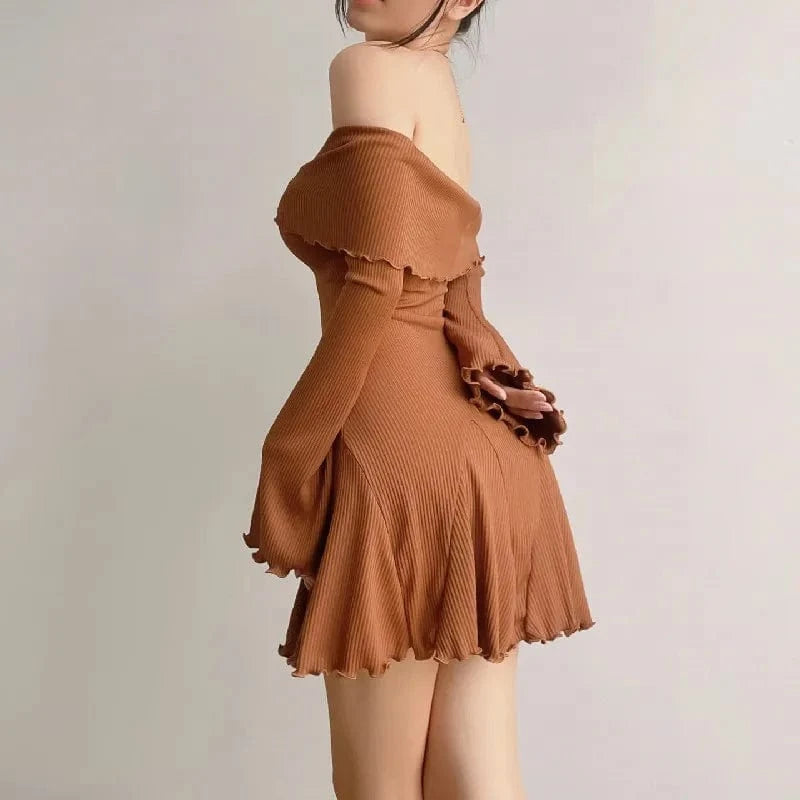 RNSHANGER Sexy Low-cut Off Shoulder Dress Elegant Flare Long Sleeve Twist Knot Mini Dresses Fashion Y2K Aesthetic Ladies Dress