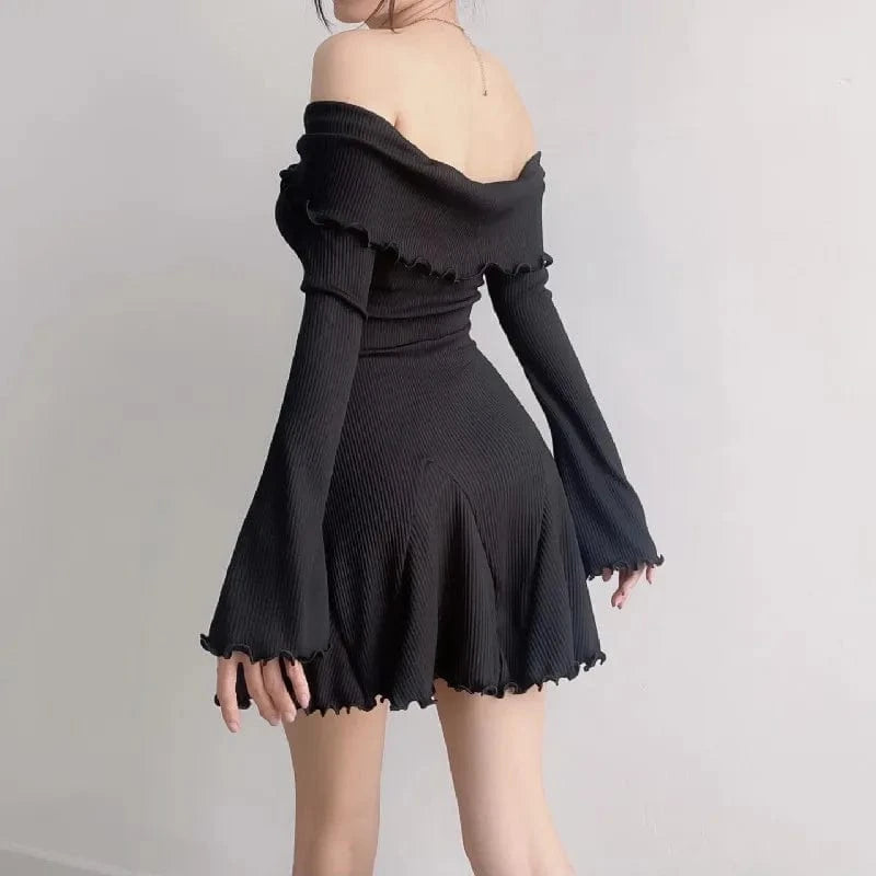RNSHANGER Sexy Low-cut Off Shoulder Dress Elegant Flare Long Sleeve Twist Knot Mini Dresses Fashion Y2K Aesthetic Ladies Dress