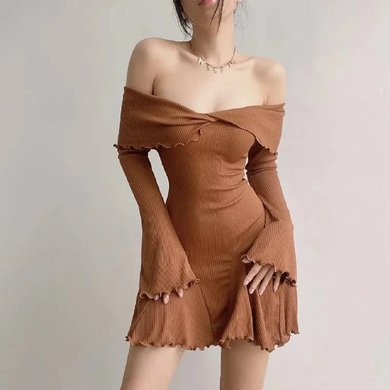 RNSHANGER Sexy Low-cut Off Shoulder Dress Elegant Flare Long Sleeve Twist Knot Mini Dresses Fashion Y2K Aesthetic Ladies Dress
