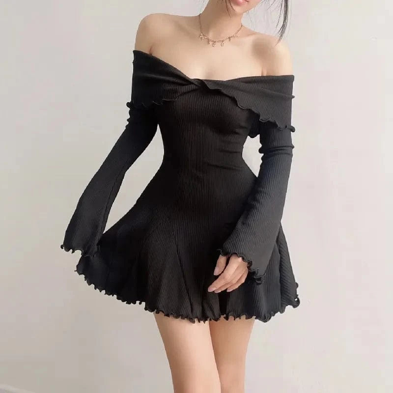 RNSHANGER Sexy Low-cut Off Shoulder Dress Elegant Flare Long Sleeve Twist Knot Mini Dresses Fashion Y2K Aesthetic Ladies Dress
