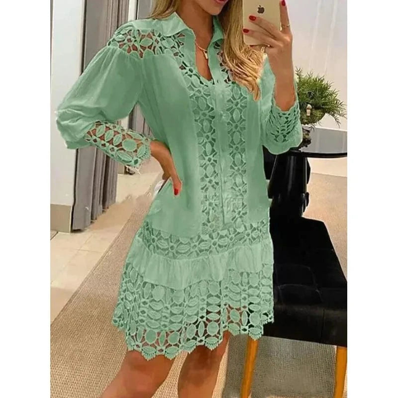 RNSHANGER Spring Summer Long Sleeve For Women Dresses Solid Color Lace Splicing Fashion Cutout Shirt Elegant Female Sexy Dress
