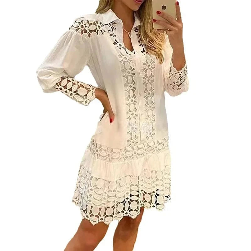 RNSHANGER Spring Summer Long Sleeve For Women Dresses Solid Color Lace Splicing Fashion Cutout Shirt Elegant Female Sexy Dress