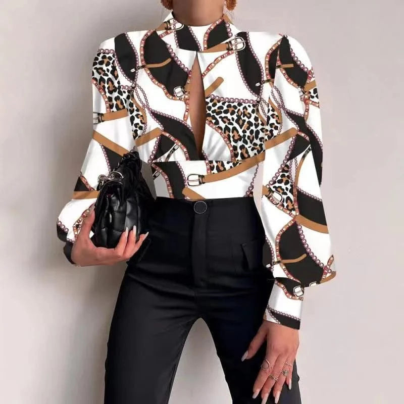 RNSHANGER Women Sexy Backless Hollow Print Shirts Fashion Party Crop Top Spring Casual Stand Long Sleeve Office Lady Blouses