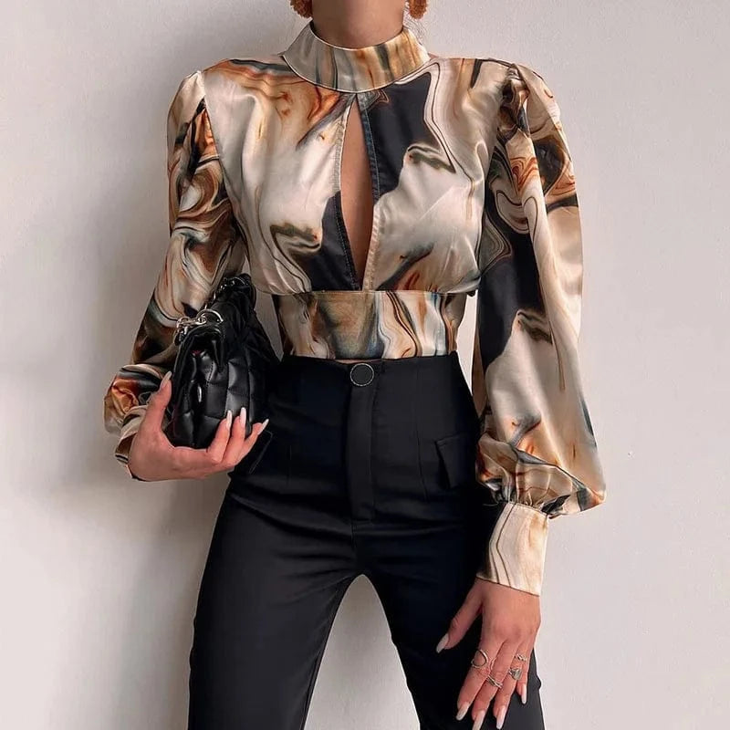 RNSHANGER Women Sexy Backless Hollow Print Shirts Fashion Party Crop Top Spring Casual Stand Long Sleeve Office Lady Blouses