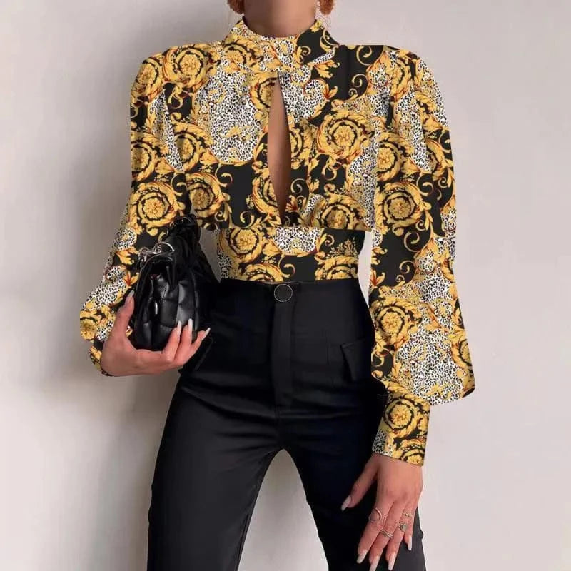 RNSHANGER Women Sexy Backless Hollow Print Shirts Fashion Party Crop Top Spring Casual Stand Long Sleeve Office Lady Blouses