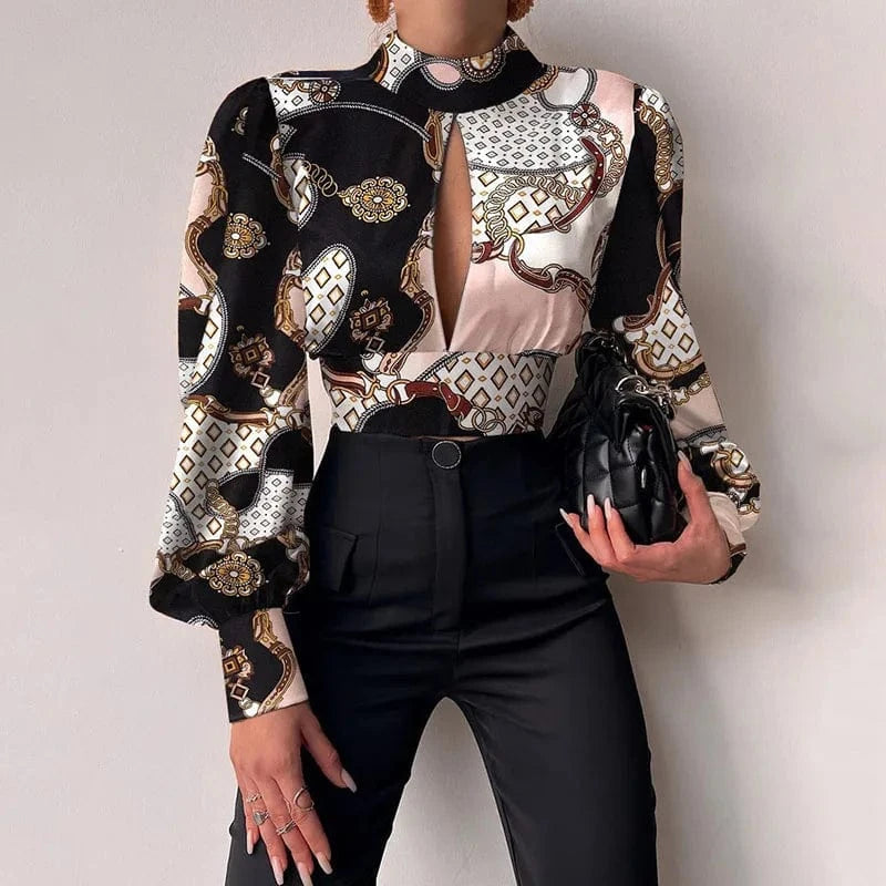 RNSHANGER Women Sexy Backless Hollow Print Shirts Fashion Party Crop Top Spring Casual Stand Long Sleeve Office Lady Blouses