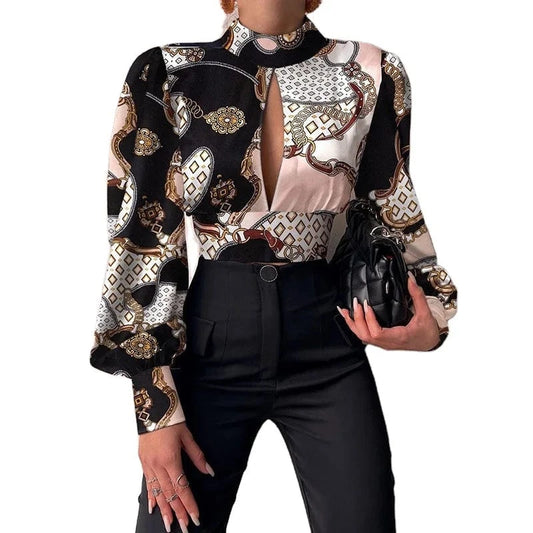 RNSHANGER Women Sexy Backless Hollow Print Shirts Fashion Party Crop Top Spring Casual Stand Long Sleeve Office Lady Blouses