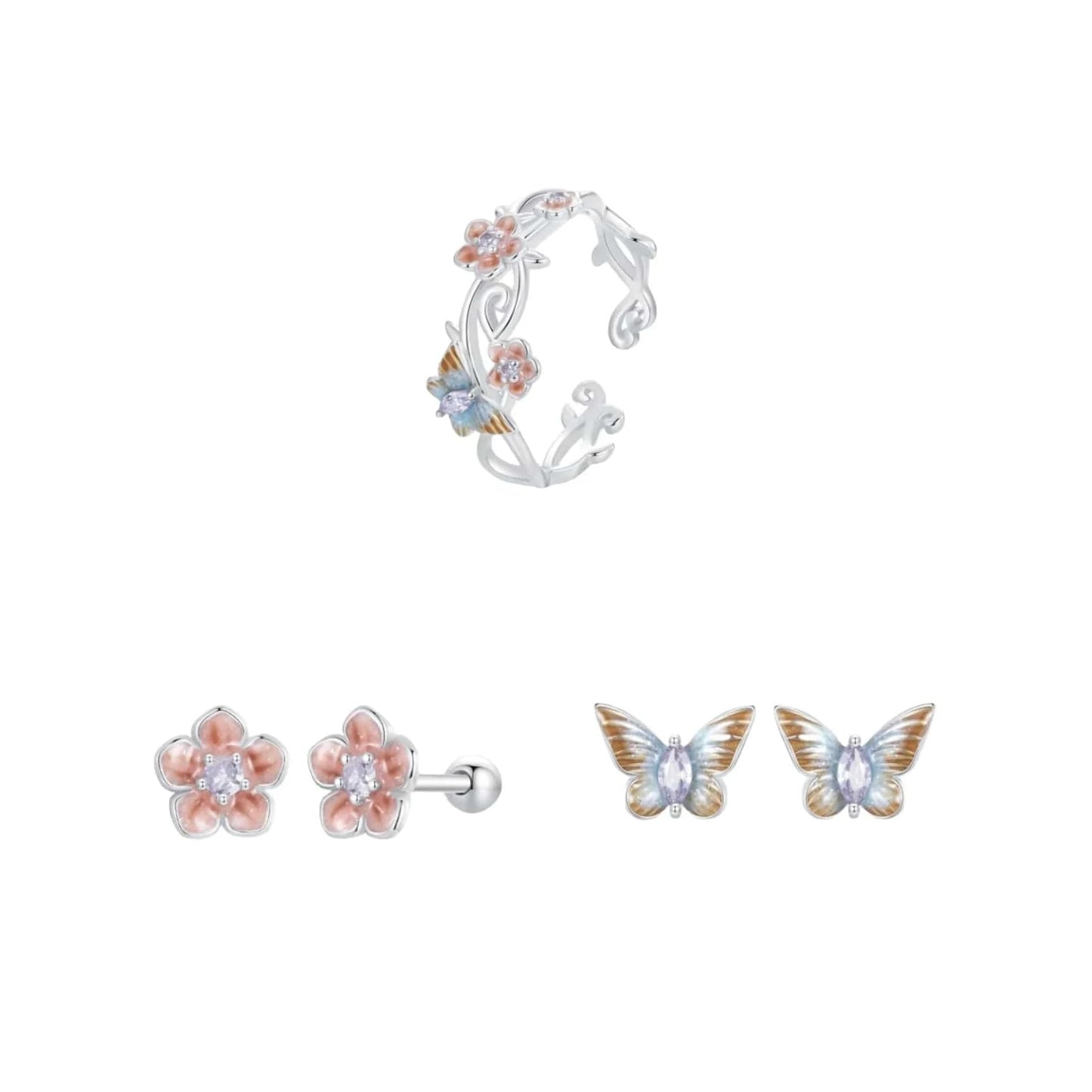 Romantic Cherry Blossom Butterfly Jewelry Set 925 Sterling Silver Fashion Jewelry Sets Fine Jewelry Making Wholesale Blossom Cherry Butterfly&Kingfisher Stud Earring&Ring Set