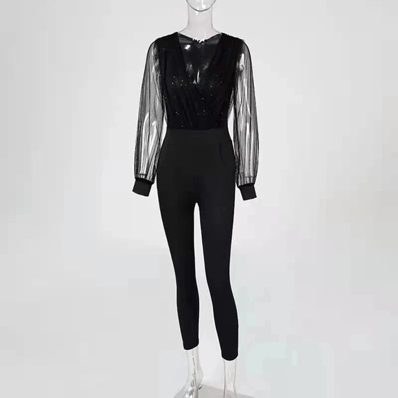 Rompers Womens Jumpsuit Black Elegant Sequins Mesh Glitter Party Night Sexy Long Pants One Piece Overalls Autumn Long Sleeve