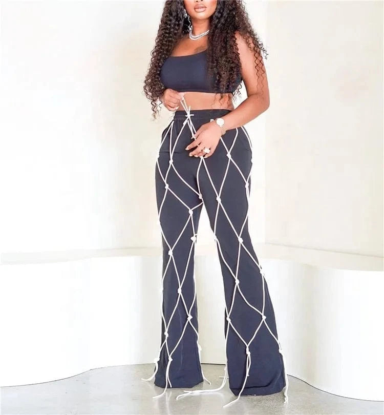Rope Spliced Women Flare Pants Draw String Pockets 2024 Fashion Streetwear Y2K Daily Causal Slim Ankle-Length Bottoms