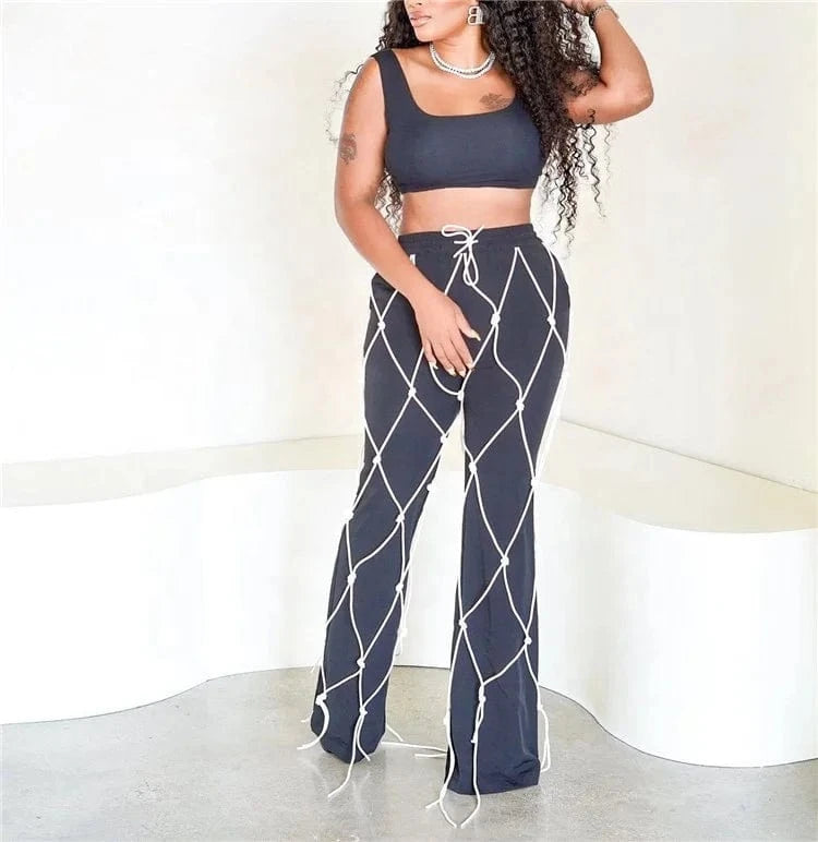 Rope Spliced Women Flare Pants Draw String Pockets 2024 Fashion Streetwear Y2K Daily Causal Slim Ankle-Length Bottoms