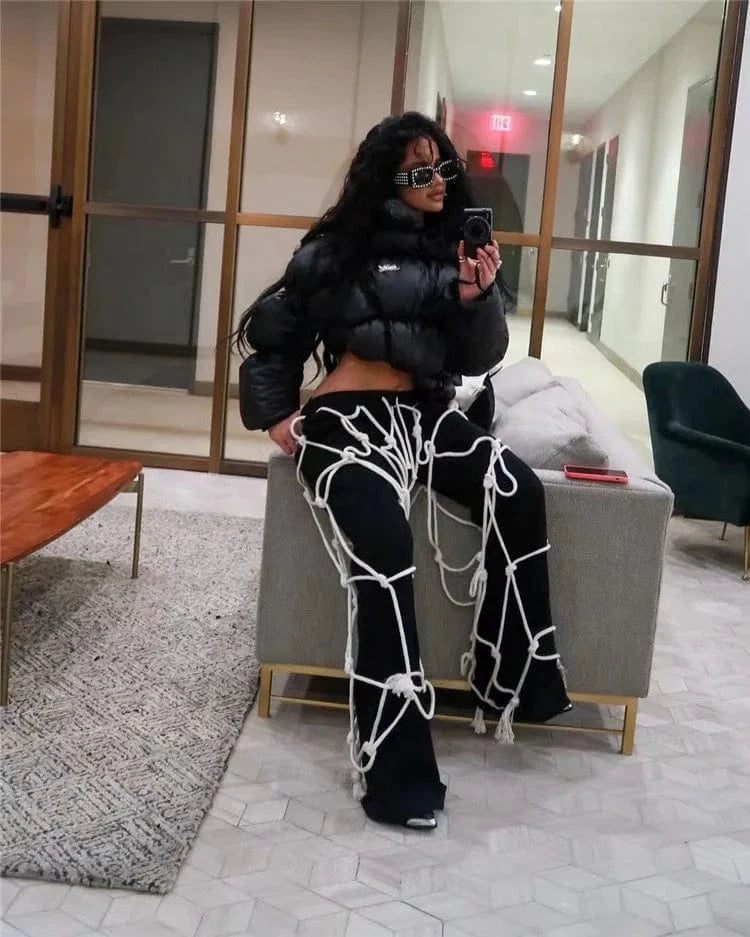 Rope Spliced Women Flare Pants Draw String Pockets 2024 Fashion Streetwear Y2K Daily Causal Slim Ankle-Length Bottoms