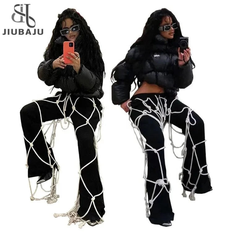 Rope Spliced Women Flare Pants Draw String Pockets 2024 Fashion Streetwear Y2K Daily Causal Slim Ankle-Length Bottoms