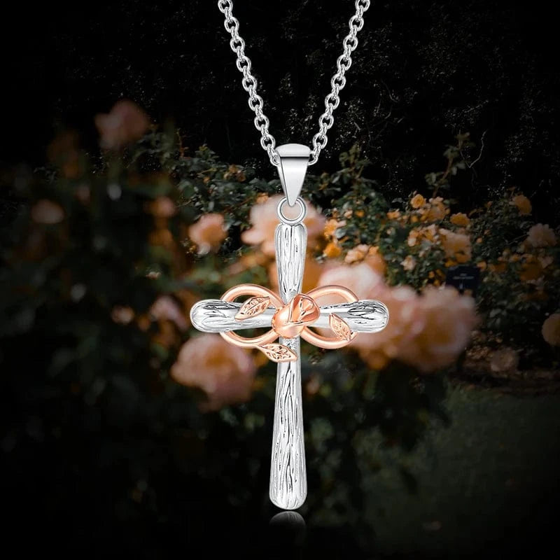 Rose Cross Necklace For Women  Aesthetic Double Color Plated Flower Pendant Choker Chain Christmas Gift Jewelry LAMOON