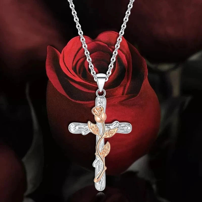 Rose Cross Necklace For Women  Aesthetic Double Color Plated Flower Pendant Choker Chain Christmas Gift Jewelry LAMOON