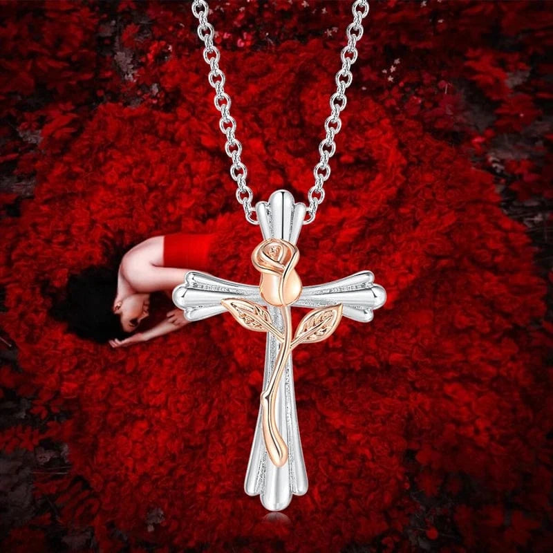 Rose Cross Necklace For Women  Aesthetic Double Color Plated Flower Pendant Choker Chain Christmas Gift Jewelry LAMOON