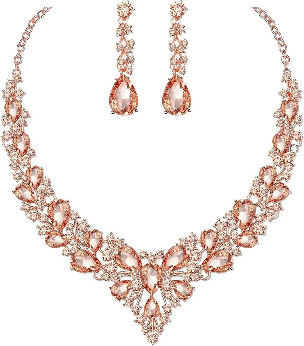 Rose Gold+Peach Stone High Quality 18K Gold Plated Crystal Teardrop Cluster Statement Women Wedding Bridal Necklace Dangle Earrings Jewelry Set
