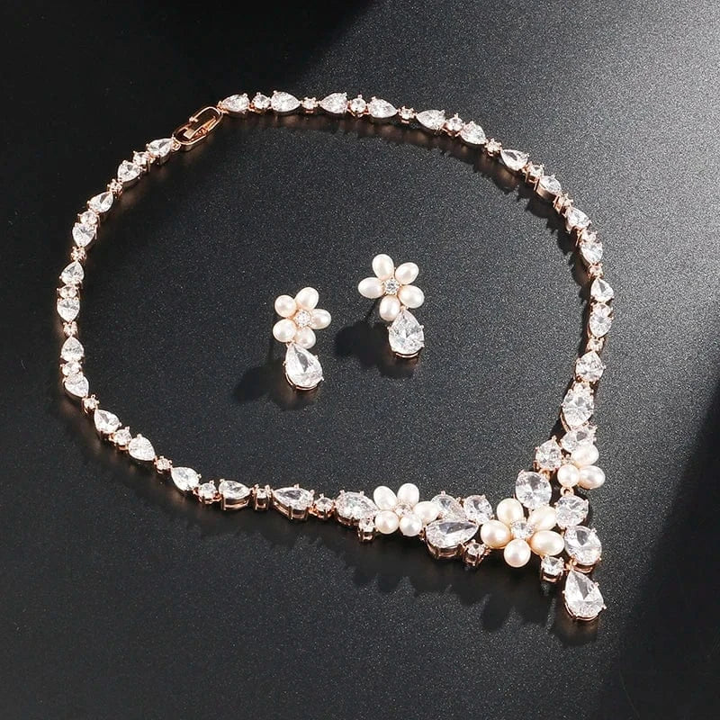 rose gold plating RAKOL SP047 Silver color zircone with pearl wedding bridal earrings necklace jewelry set
