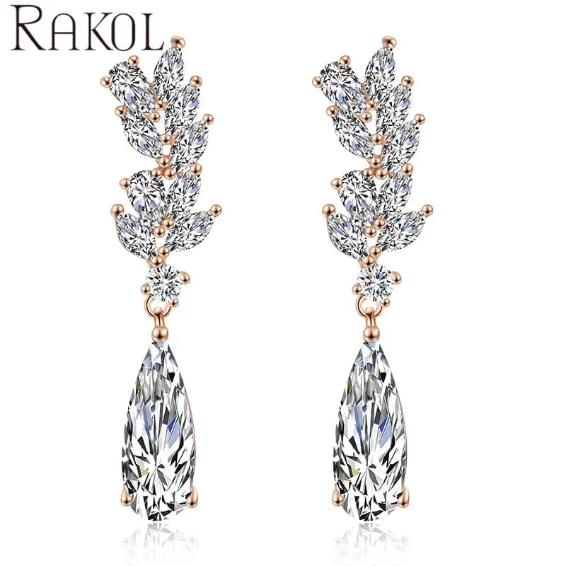 Rose Gold RAKOL EP050L Women Fine Jewelry Teardrop Dangle Earrings 925 Sterling Silver Earrings Crystal  Wedding Bridal Earrings Jewelry
