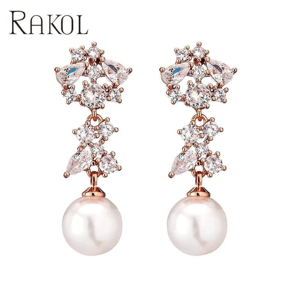 Rose gold RAKOL EP1067 2022 ladies wedding freshwater pearl long drop earrings gold plated zircon crystal party bridal earrings
