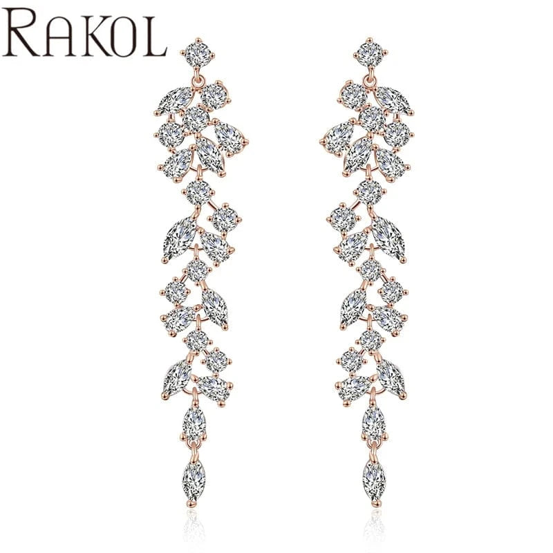 Rose Gold RAKOL EP2232 Luxury Long Drop 18k Gold Plated Cubic Zirconia CZ Wedding Bridal Earrings Jewelry For Women 2023