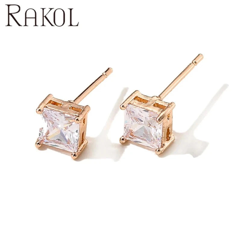 Rose gold RAKOL EP2547 Trendy Women Simple Cubic Zirconia Druzy 925 silver stud earring square diamond crystal stud earrings jewelry