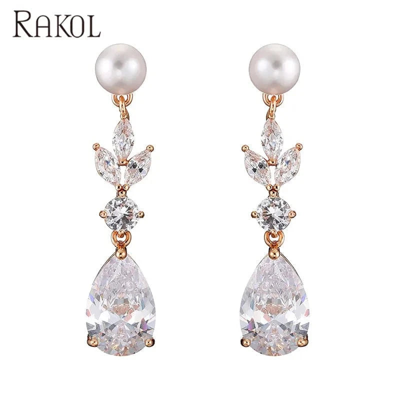 Rose gold RAKOL EP2724 luxury women's long dangle cubic zirconia pearl studs earrings jewelry women gold plated earrings 18k