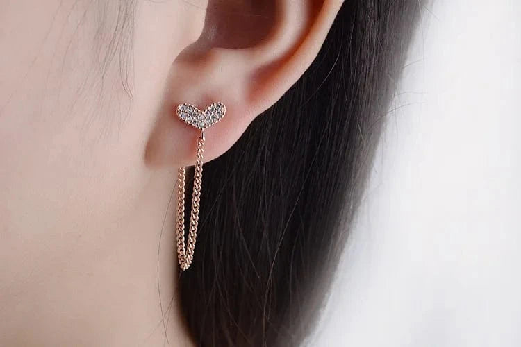Rose Gold Refined Chic Simple Heart Long Chain Earrings Chain Tassel Hanging Drop Earrings for Women Metal CZ Dangle Pendants Earring