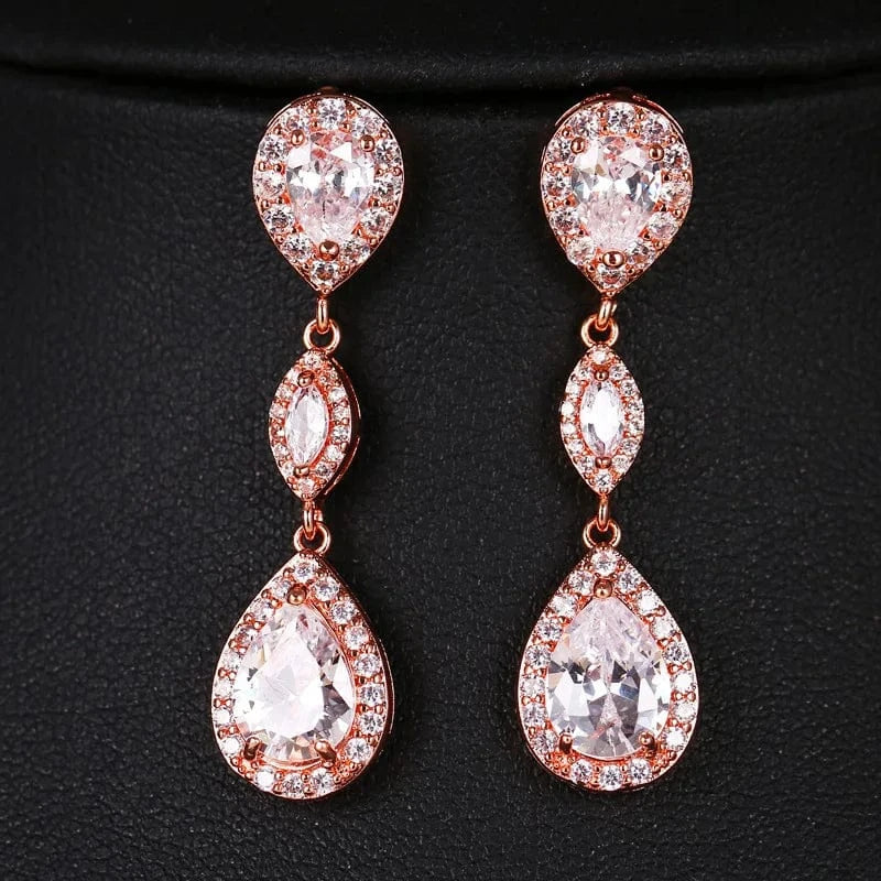 rose gold S925 Sterling Silver Color Rose Gold Drop Water Crystal Bling Stud Earrings for Women Fashion Jewelry New Korean Earrings