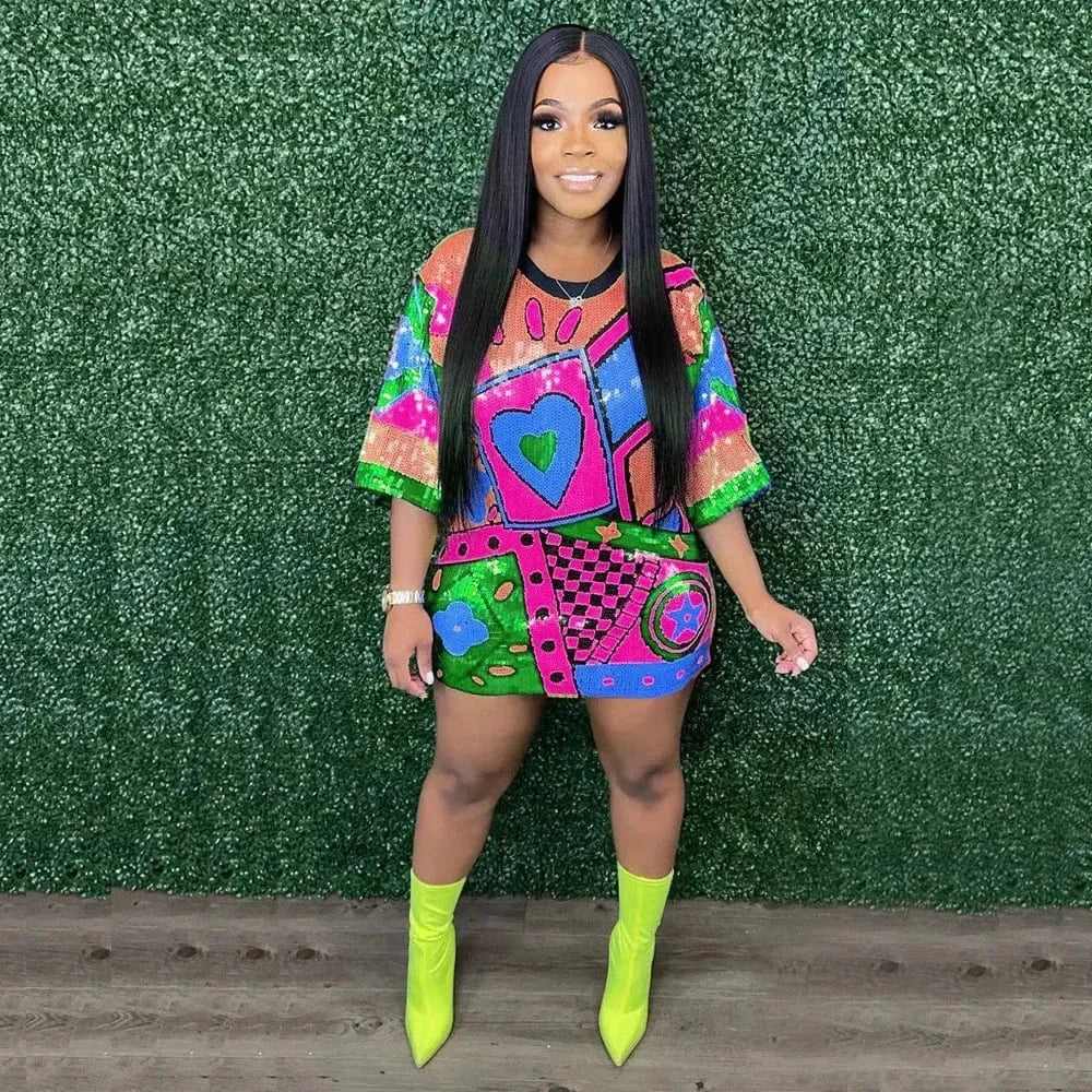 Rose / M Women O Neck Loose Mini Dress Shirt Fashion Casual Sequined Printed Long Sleeve Party Club Dress