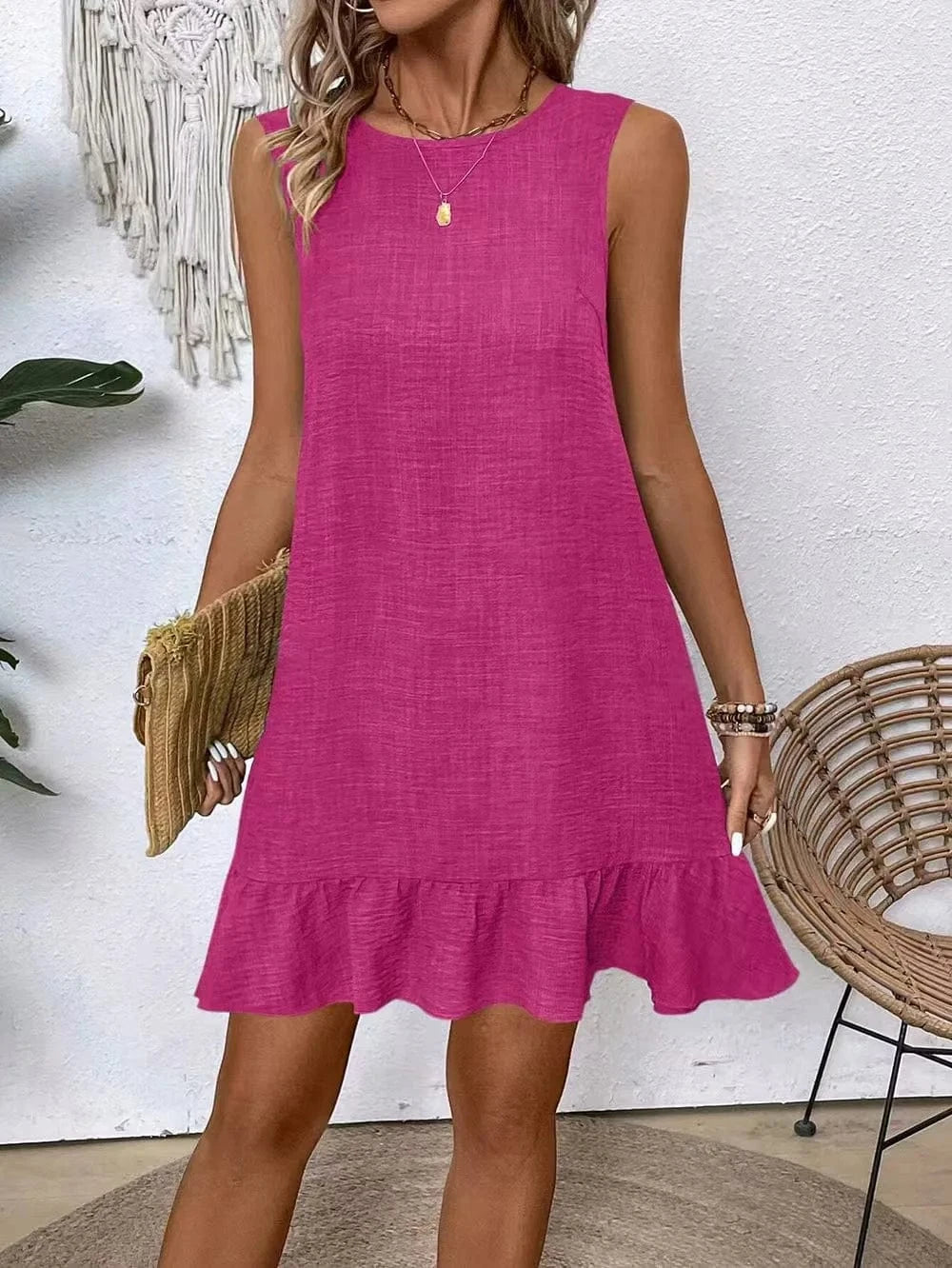 Rose Red / L Sleeveless Women Dress for 2024 Summer Solid Vacation Pullover Beach Sundress Female Korean Fashion Slim Sexy Casual Short Dress