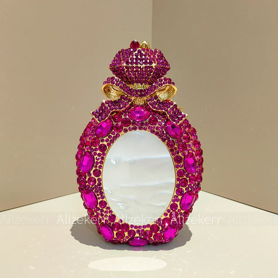 Rose Red / L11xW5xH17cm Alizekerr Perfume Bottle Crystal Evening Bags Women Gorgeous Boutique Bow Diamond Metal Clutch Purses And Handbags Wedding Party