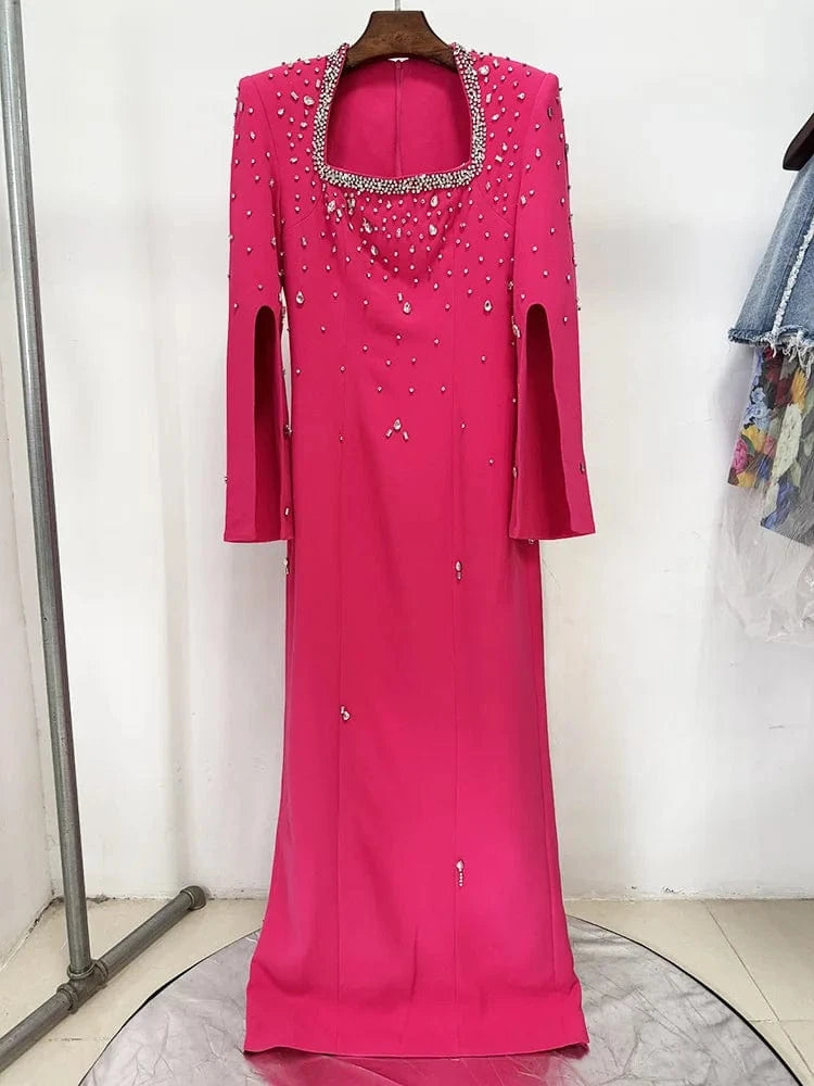 Rose Red / M HIGH STREET Newest Fashion 2025 Designer Party Vestido Women's Diamonds Beaded Slit Sleeve Long Maxi Dress