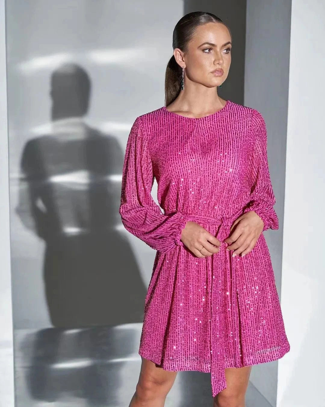 rose red / M Sparkly Puff Long Sleeve Party Dress with Belt for Women Glitter Beaded Mini Dress Loose Wedding Bridesmaid Ladies Short Dresses