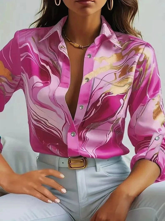 Rose Red / M Women Print V-Neck Button Long Sleeve Shirt Loose Casual Holiday Tops Blouse