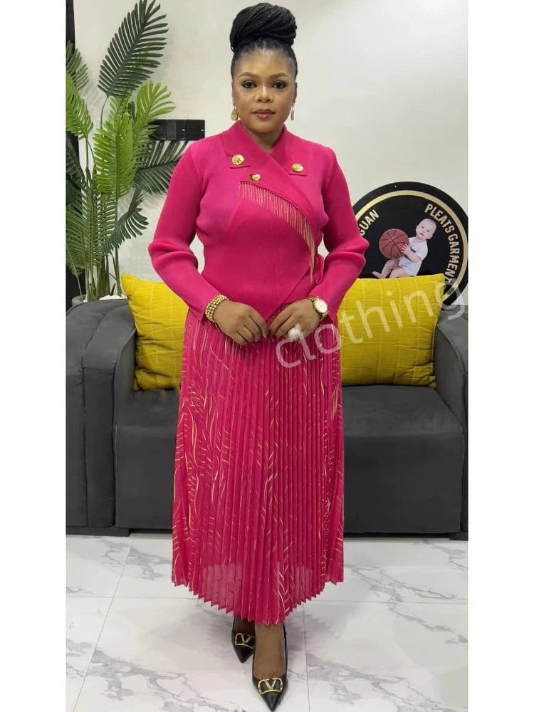 Rose Red / One Size EGRM Elegant Banquet Pleated A-line Dress Suit Collar Mid To Long Style Waist Cinching Slimming Women Folds Skirt 2025 New 6G598