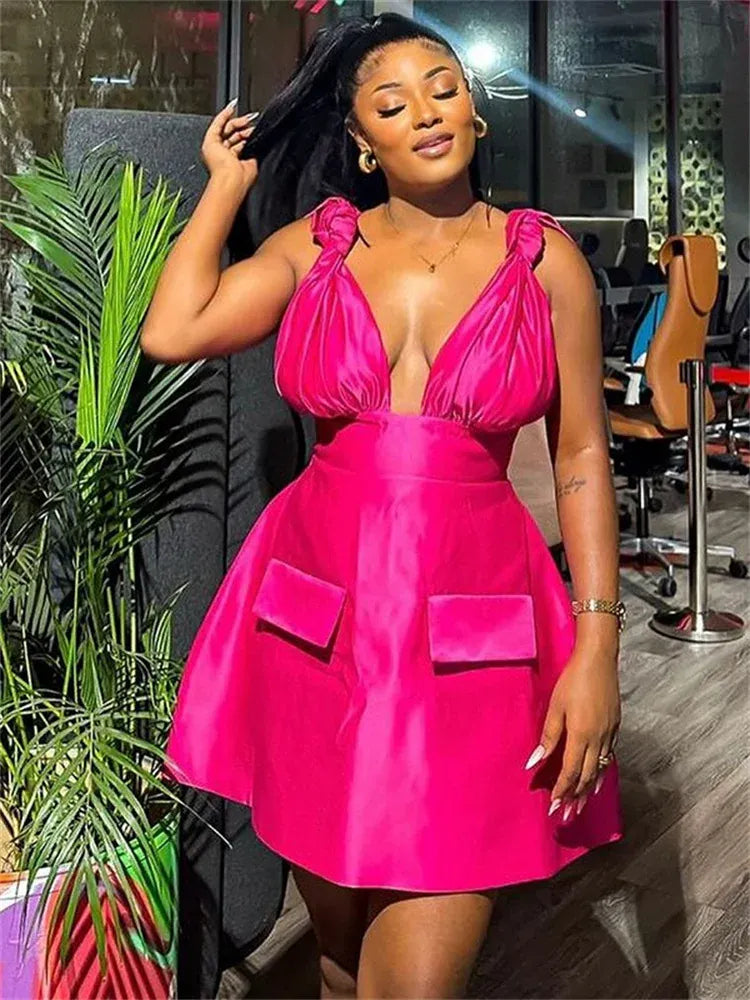 Rose Red / S Wmstar Dresses for Women Sexy V Neck Elegant Solid Sleeveless New Summer Fashion Mini Dresses Women Wholesale Dropshipping 2024