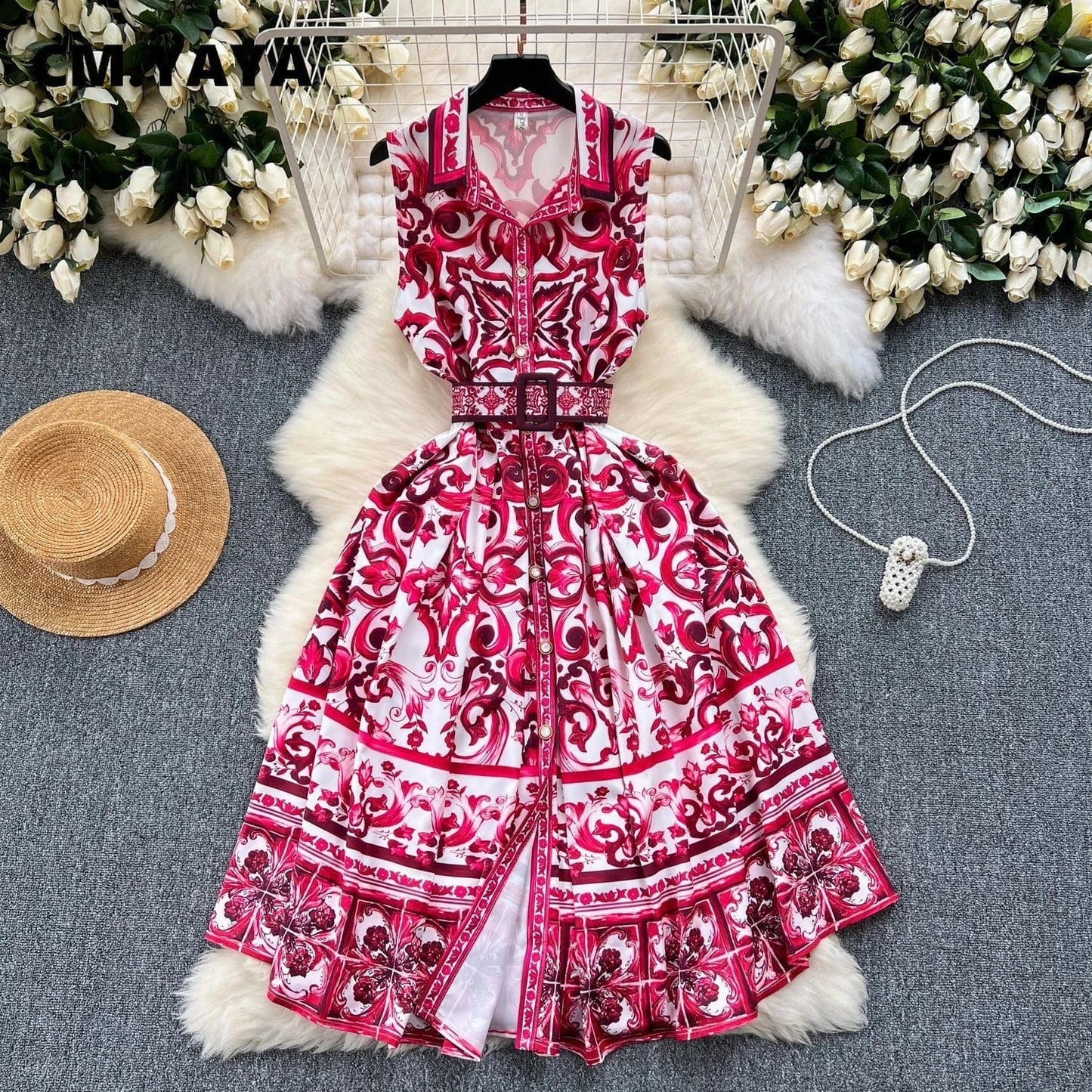 Rose Red / XL CM.YAYA Women V-neck Elegant Sleeveless Midi Dress 2024 Summer Belt Court Style Streetwear Africa Party Club Dresses Vestidos